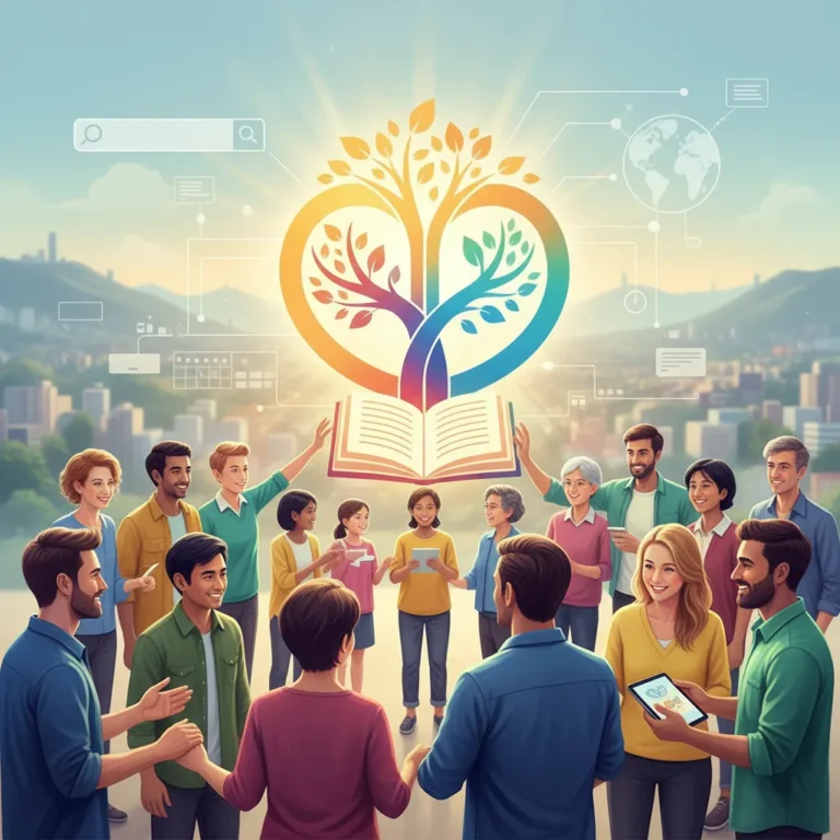 Ilustração de pessoas conectadas digitalmente a símbolos de causas sociais, representando o alcance global de ONGs através do Google Ad Grants.
