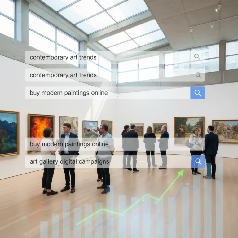 Pessoas visitando uma galeria de arte com elementos digitais sugerindo marketing online.