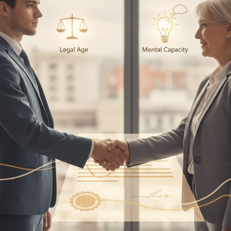 Two people shaking hands over a contract, symbolizing agreement and legal capacity.