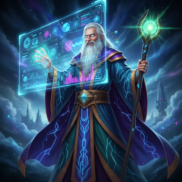 Um bruxo digital com elementos de IA e circuitos, manipulando projeções holográficas de dados e conteúdo, simbolizando o poder do Gemini na otimização de receita.